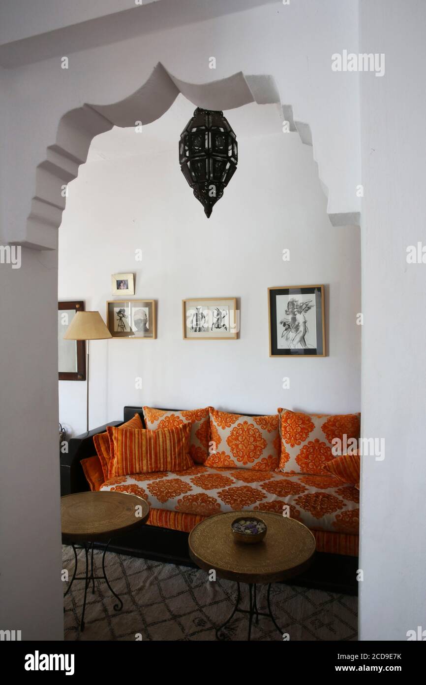 Morocco, Tangier Tetouan region, Tangier, Dar Nour hotel, oriental living room of Dar Nour guest house Stock Photo