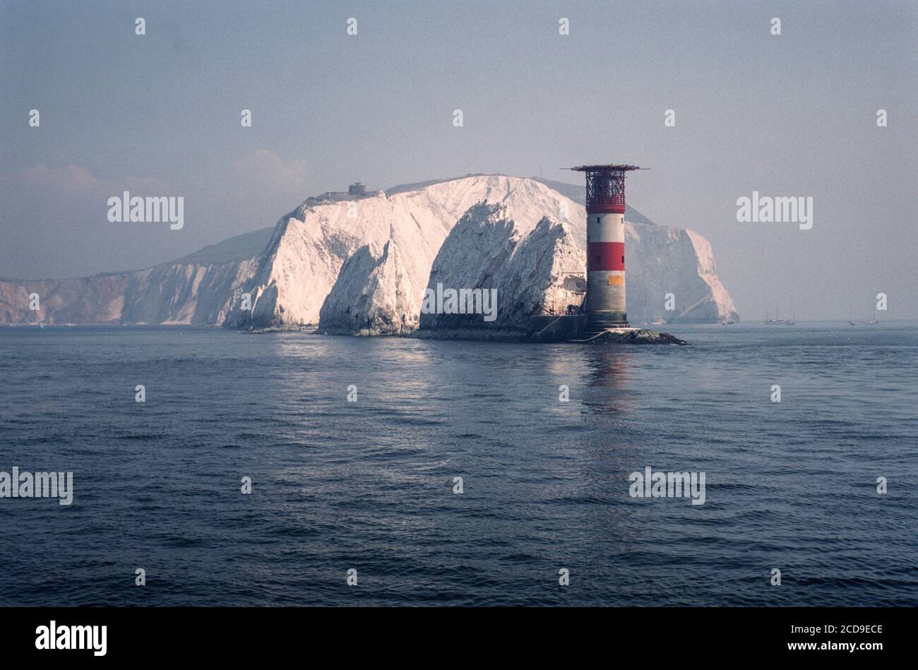 The Needles chalk stacks and lighthouse at the western end of the Isle of Wight, seen from seaward, archive image from 1980s Stock Photo