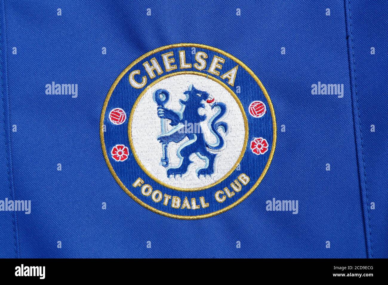 London, United Kingdom - February 1, 2018: Chelsea football club logo on a shirt. Chelsea Football Club is a professional football club in London Stock Photo