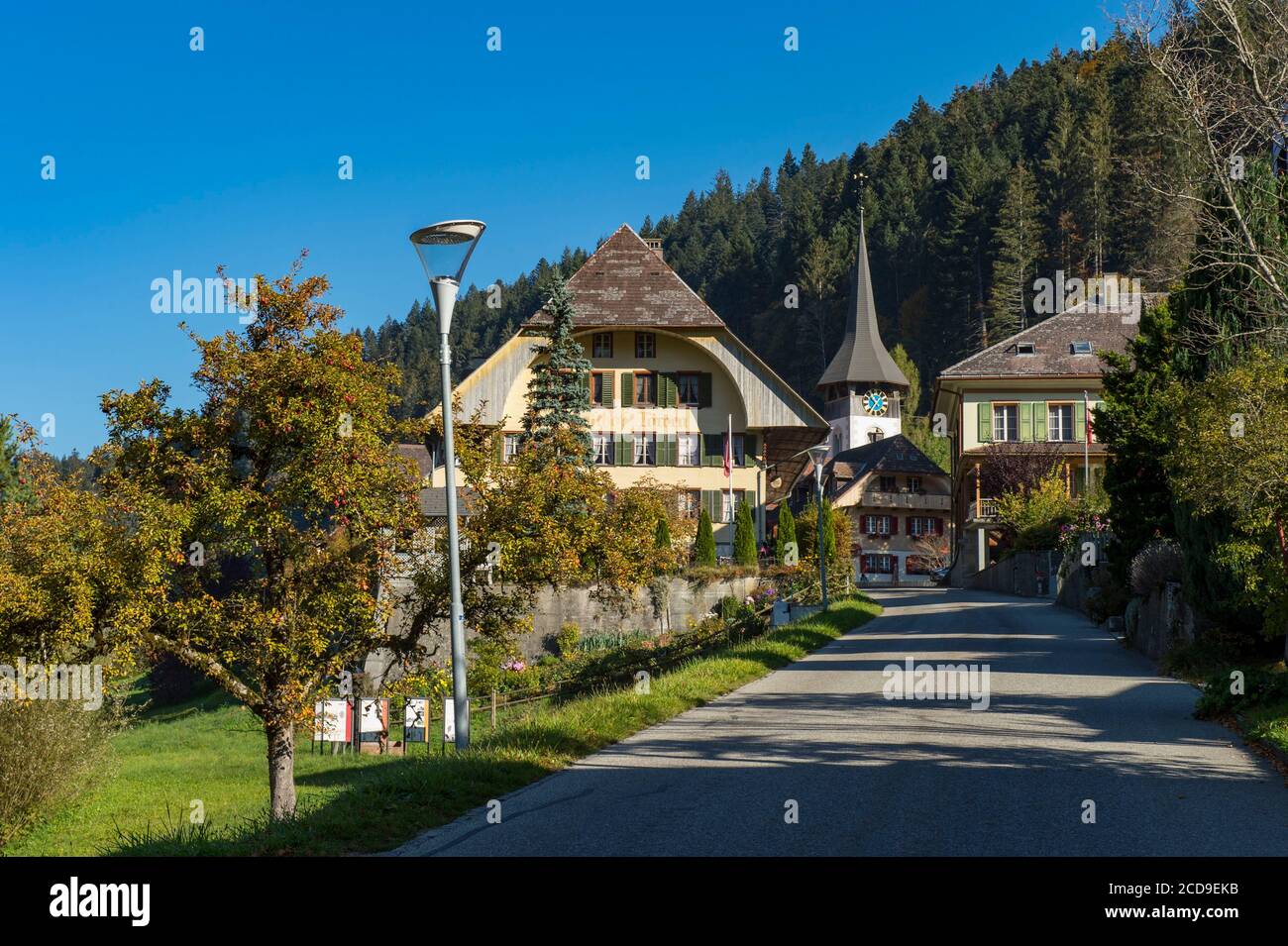 Switzerland, Canton of Bern, Emme Valley, Emmental, the village and the Evangelical Trub Church Stock Photo
