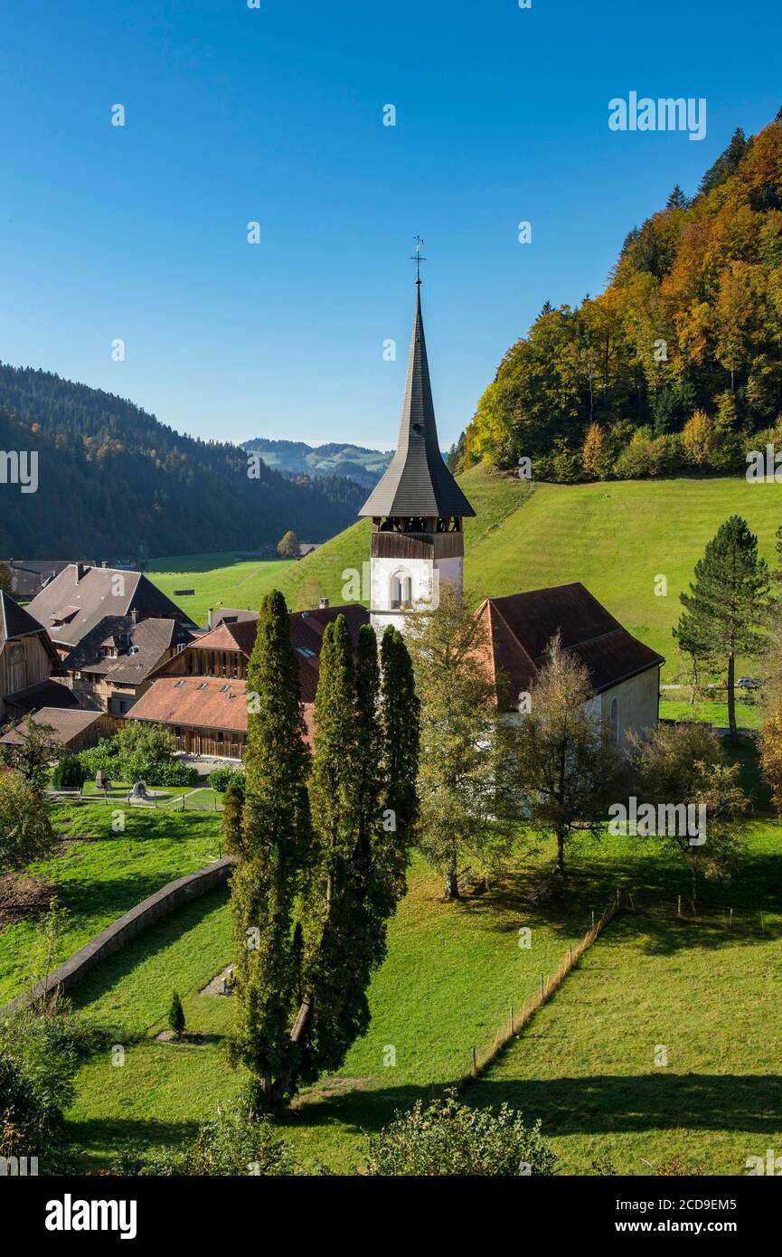 Switzerland, Canton of Bern, Emme Valley, Emmental, the village and the Evangelical Trub Church Stock Photo