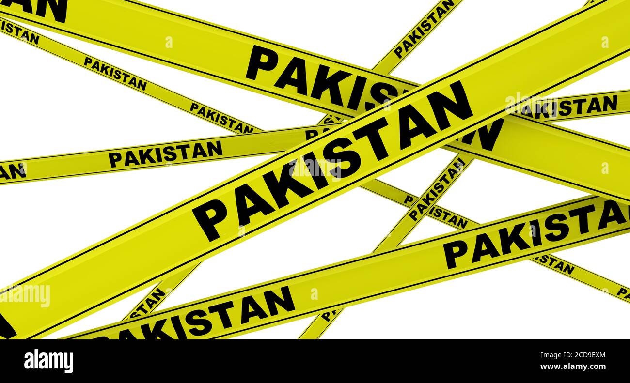 Yellow warning tapes with black words PAKISTAN. Isolated. 3D