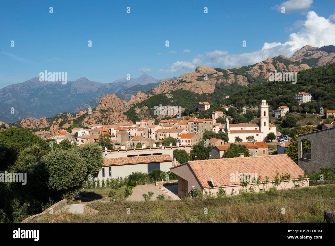 France, Corse du Sud, Porto, Gulf of Porto listed as World Heritage by UNESCO, general view of Piana, one of the most beautiful villages in France Stock Photo