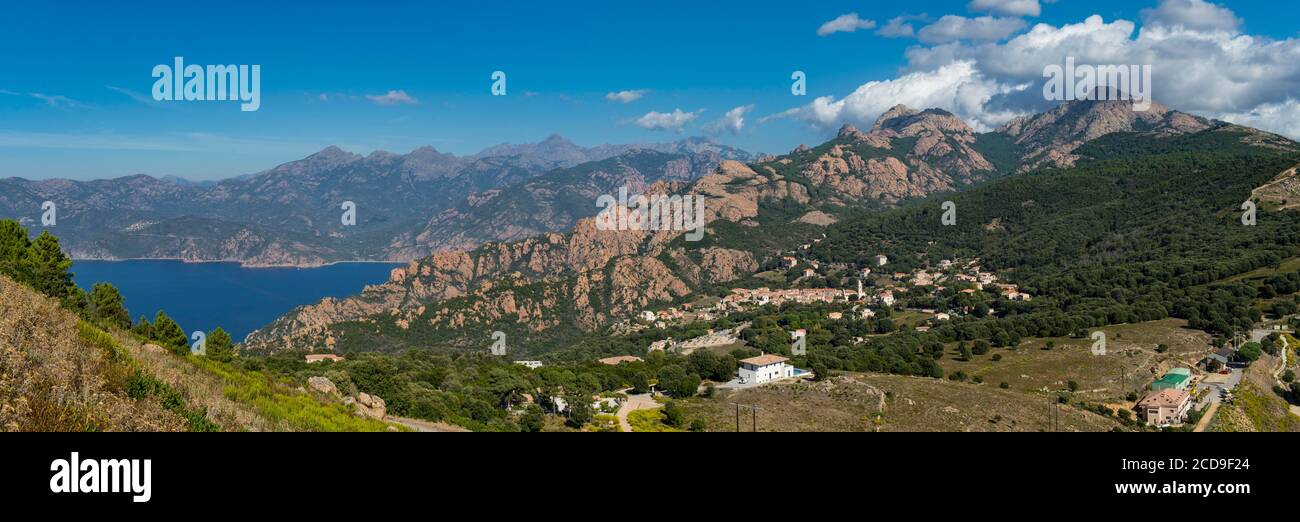 France, Corse du Sud, Porto, Gulf of Porto listed as World Heritage by UNESCO, panoramic view of Piana one of the most beautiful villages in France seen from the summit of Monte San Ghiabicu and the Capu d'Orto Stock Photo
