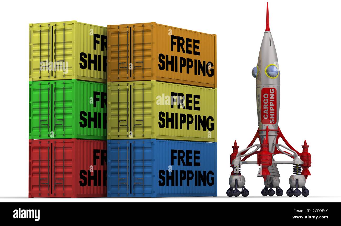 Fast free shipping. The spacecraft and cargo containers on a white surface. The concept of fast delivery Stock Photo