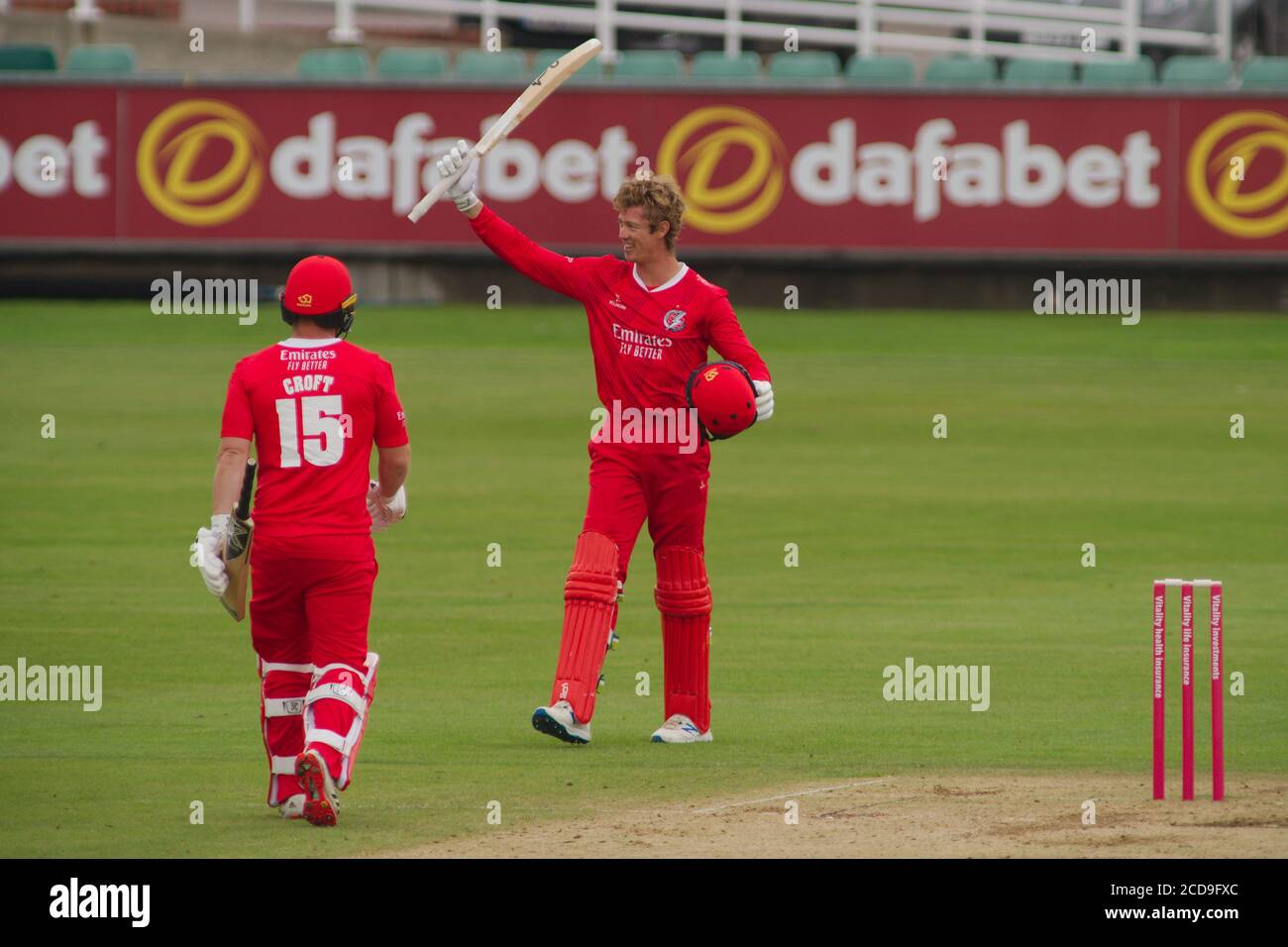Chester le Street, England, 27 August 2020. Keaton Jennings of Lancashire raising his bat to
