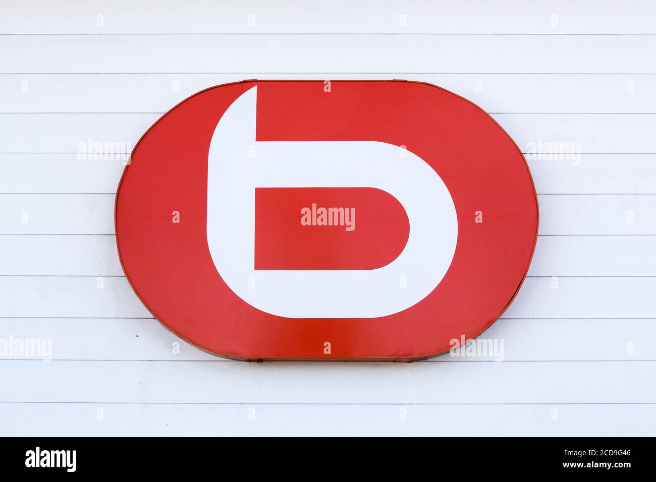Villefranche, France - May 17, 2020: Boulanger logo on a wall. Boulanger is a French company specializing in leisure, electronics and household Stock Photo