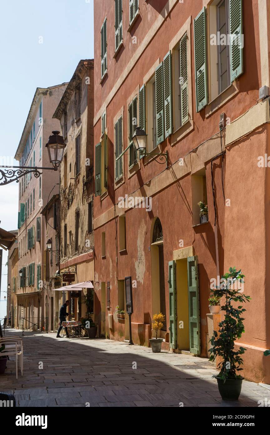 France, Haute Corse, Bastia, sunny facades of the Notre Dame street Stock Photo