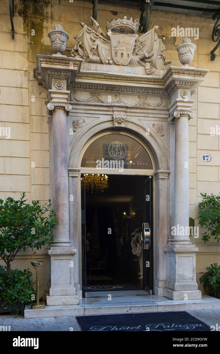 France, Corse du Sud, Ajaccio, the entrance to the 4 star hotel Palazzu ...