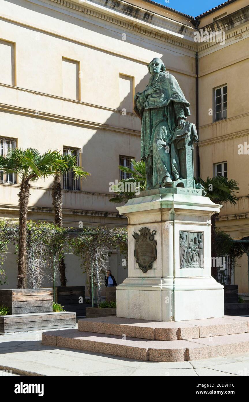 France, Corse du Sud, Ajaccio, in the pedestrian street Cardinal Fesch, the palace Fesch museum of fine arts and the statue of the cardinal in the inner courtyard Stock Photo