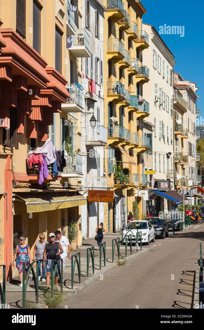 France, Corse du Sud, Ajaccio, the colorful facades of King Jerome Boulevard Stock Photo