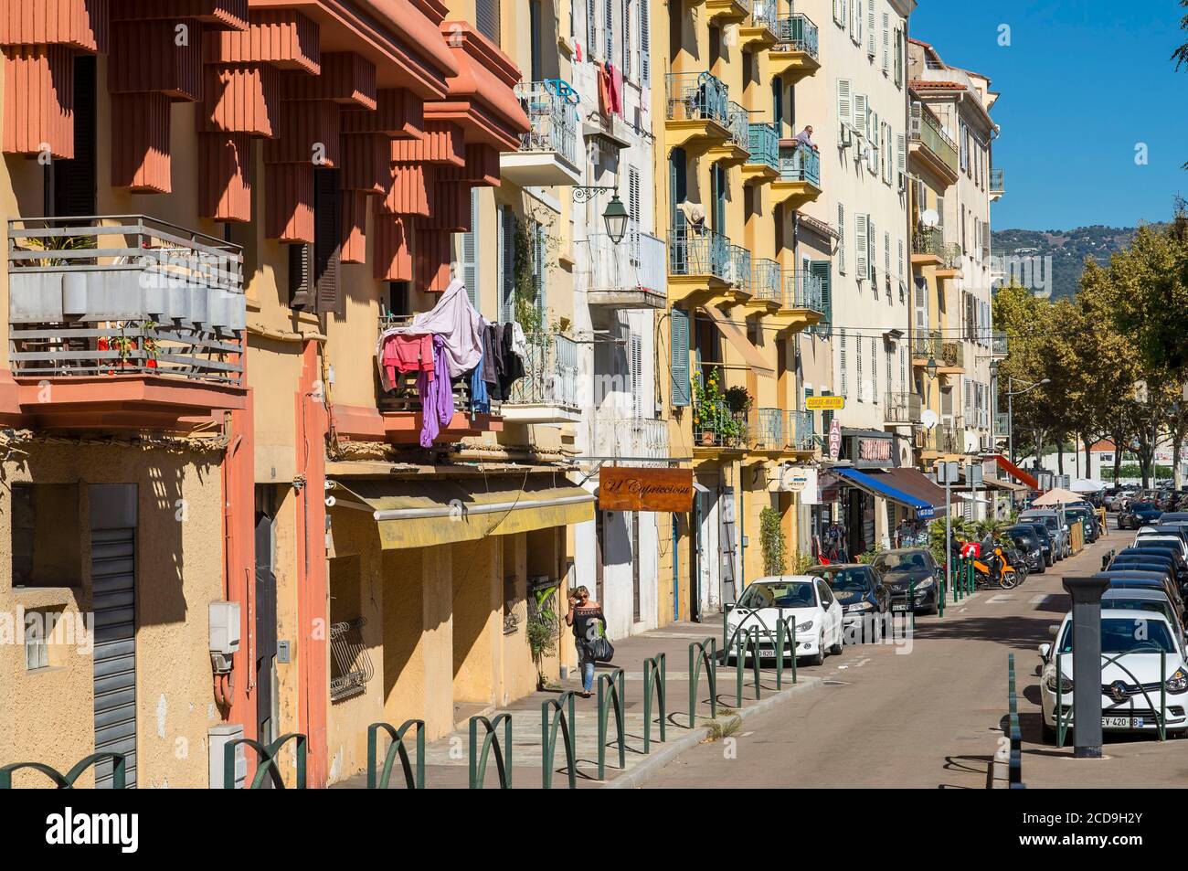 France, Corse du Sud, Ajaccio, the colorful facades of King Jerome Boulevard Stock Photo