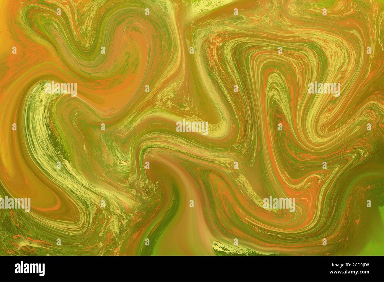 Orange green liquid paint abstraction. Marbled texture for autumn seasonal graphic design. Olive green and yellow digital illustration. Abstract float Stock Photo