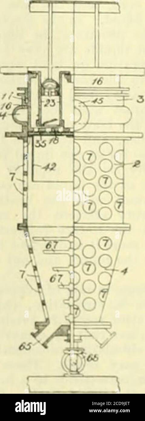 . Journal . nesburg, Transvaal. U.S. Pat. 905,129, Dec. 1, 190S. The apparatus consists of acylindrical vessel. 2. 3. havinga conical lower extension. 4,provided with outlets. Go.A reci]irocating i)lunger, 10,having a jierforated bottom,18, to which is attached acloth-covered filter-plate. 35.passes through the stuffing-box, II. into the upper jiartof the cylinder, 3. The lowercylinder, 2, and the conicalpart, 4, have oj)enings, 7. inK l^CD^yi their side walls into which J ) O 1 cloth-covered filters ai-e fitted. H = i The mud to be filtered a |^^)p.@ / is pum]wd under pressure ^ .J))?iQ/ thr Stock Photo
