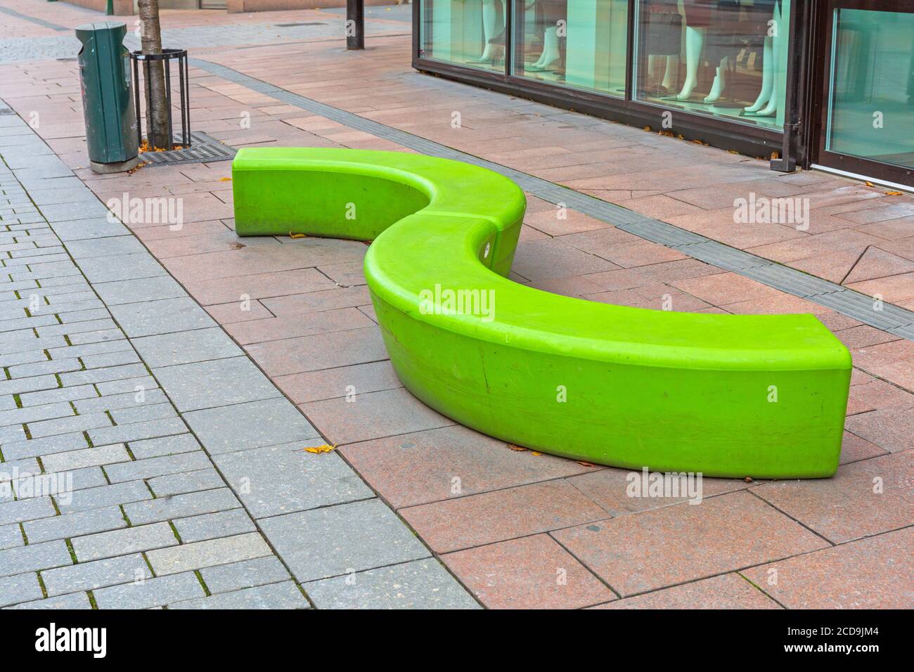 Modern Green Curved Bench at Street in Drammen Norway Stock Photo