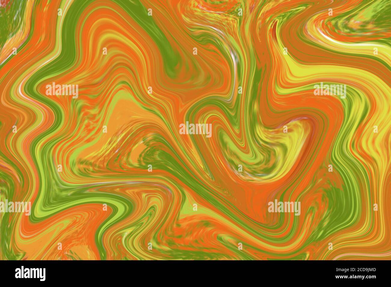 Orange green liquid paint abstraction. Marbled texture for autumn seasonal graphic design. Warm earth palette digital illustration. Abstract floating Stock Photo