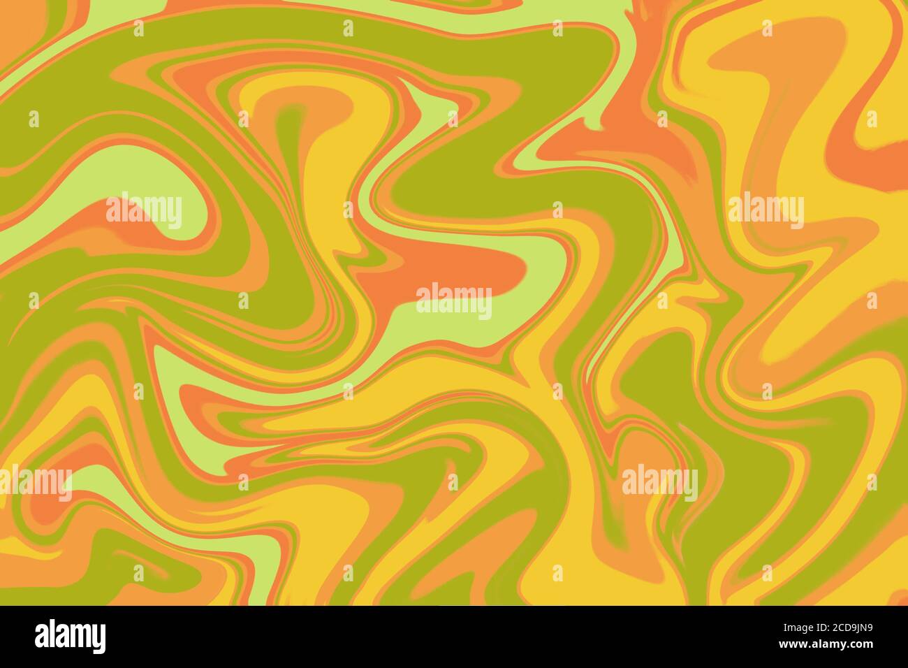 Orange green liquid paint abstraction. Liquify texture for autumn seasonal graphic design. Olive green and yellow digital illustration. Abstract float Stock Photo
