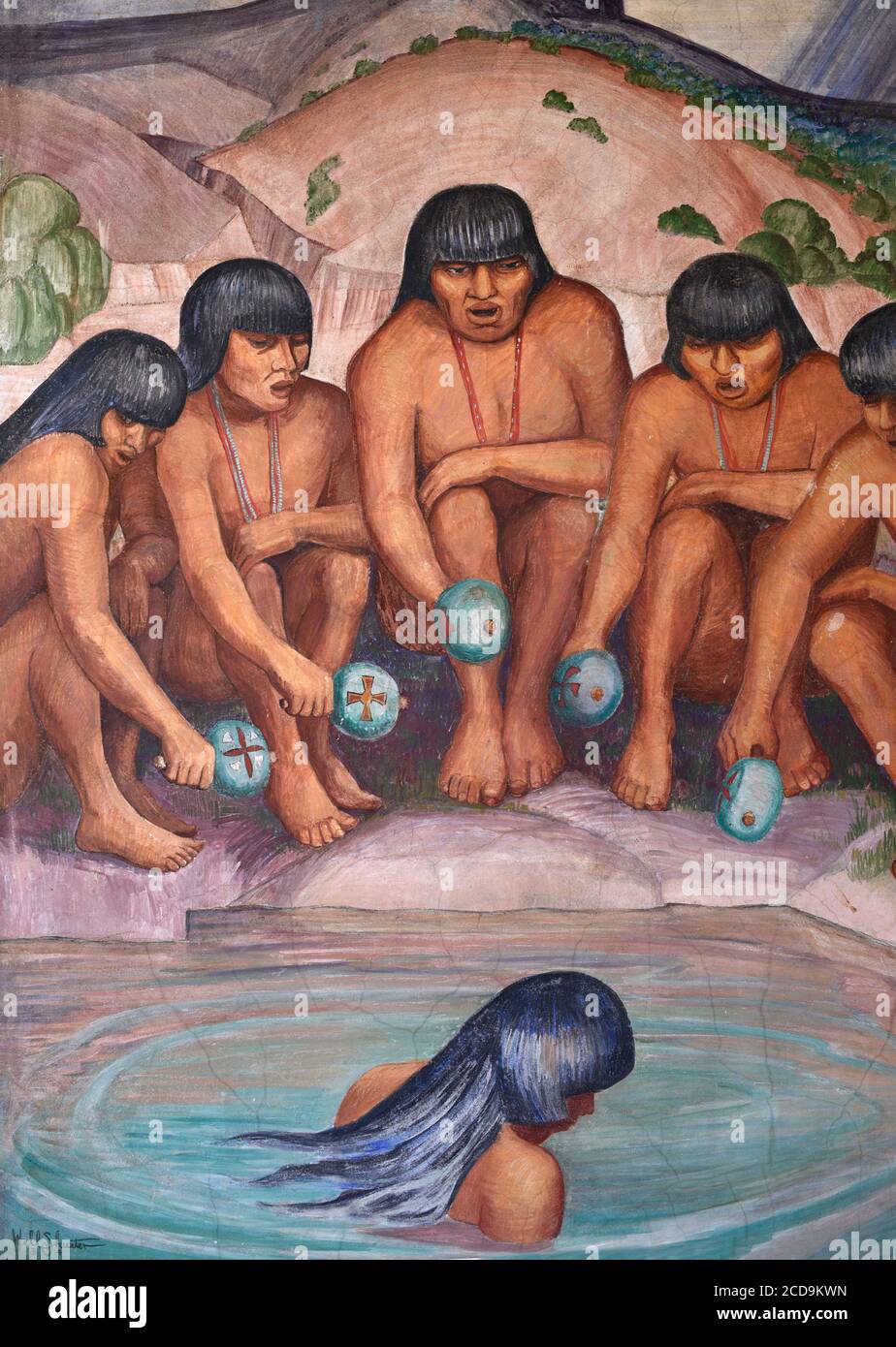 A 1934 fresco mural of Native-Americans painted by Will Shuster at the New Mexico Museum of Art is titled 'The Voice of the Water.' Stock Photo