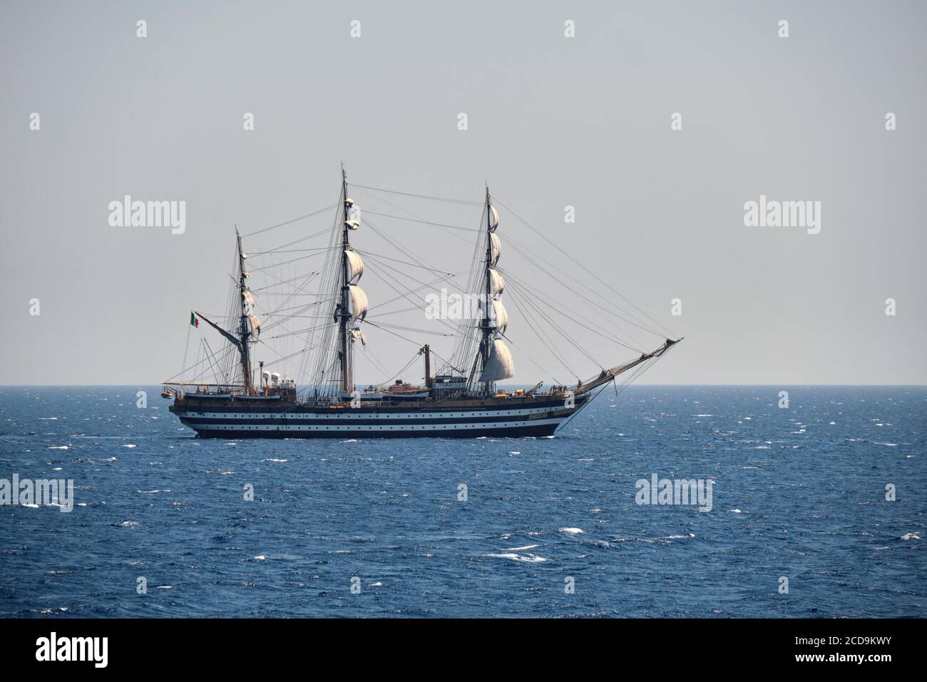 Sicily, Italy - August 12 2020: The Italian navy sail training ship Amerigo Vespucci sailing the Mediterranean Sea Stock Photo
