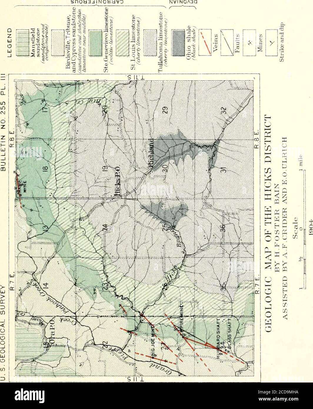 . The fluorspar deposits of southern Illinois . between it and theCypress sandstime in the Rosiclare area. In addition, it occurs botheast and north of Cave in Rock, near Shetlerville, Eichorn, and atvarious other points which will l)e more particularly noted indescribing the various mines. Its significance in the present dis-cussion arises from the fact that the important ore bodies so farfound have been in most cases closely associated with this limestone. Nanie and correlation.—In the work of Engelmann and Worthenthe Ste. Genevieve limestone was not discriminated from the St.Louis and the g Stock Photo