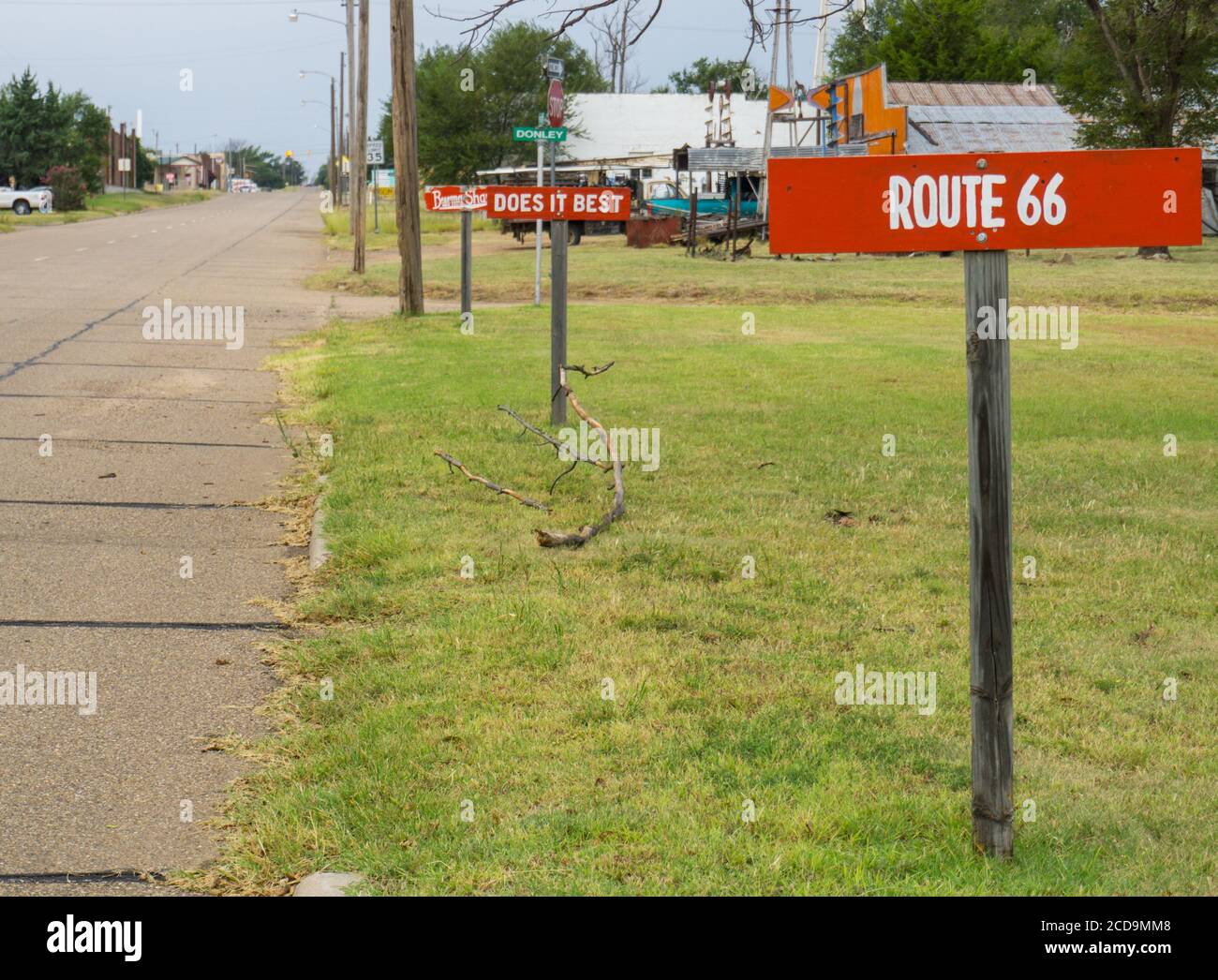 McLean USA - September 12 2015; Burma Shave signs enetering Texastown of McLean on Route 66,USA. Stock Photo