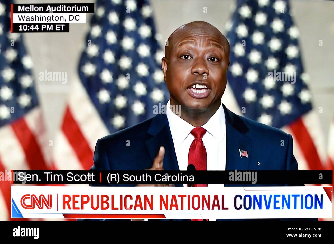 A CNN screen shot of U.S. Senator Tim Scott speaking at the 2020 Republican National Convention. Stock Photo
