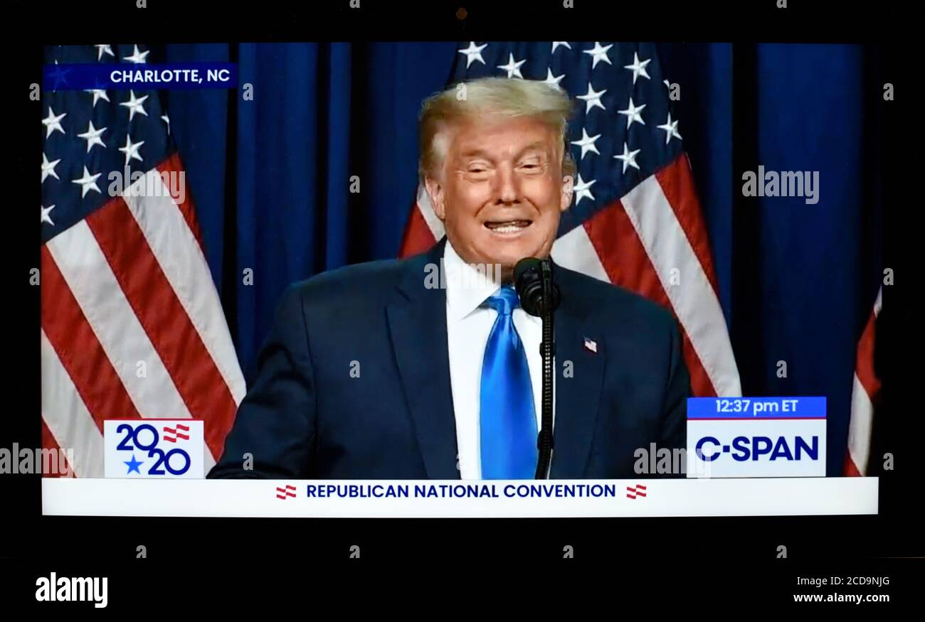 A CNN screen shot of U.S. President Donald Trump speaking at opening night of the 2020 Republican National Convention Stock Photo