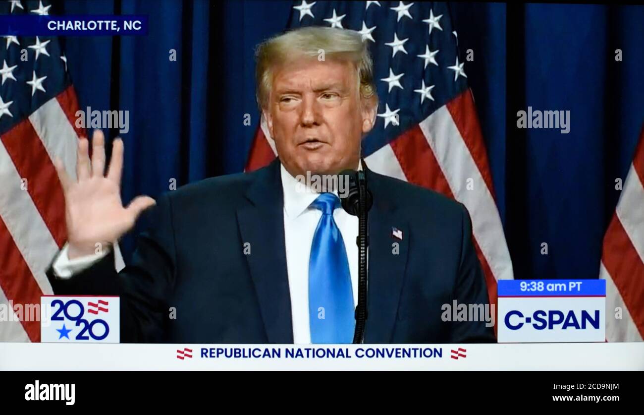A CNN screen shot of U.S. President Donald Trump speaking at opening night of the 2020 Republican National Convention Stock Photo