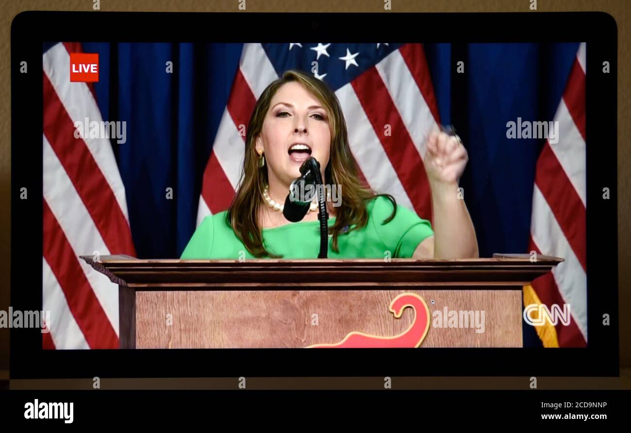 A CNN screen shot of Ronna McDaniel, Chair of the Republican National Committee, speaking at the 2020 Republican National Convention. Stock Photo