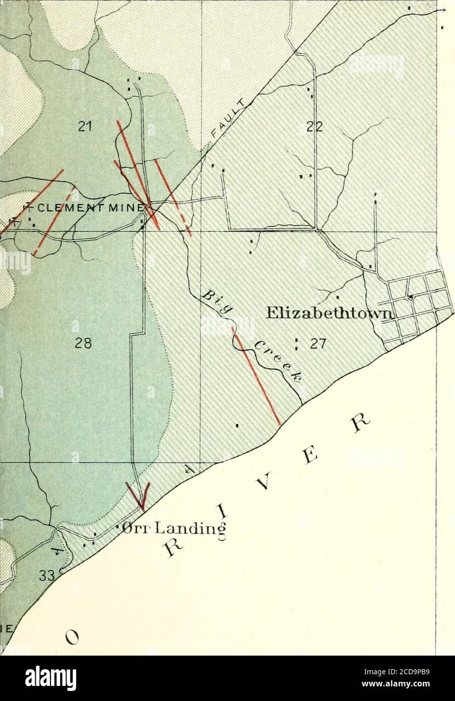 . The fluorspar deposits of southern Illinois . BULLETIN NO. 255 PL. II 8 E. frr Landing  I I GEOLOGIC MAP OF THE PvOSICLARE DISTRICTILLINOIS BY H.FOSTER BAIN. ASSISTED BYE.O.ULRICHAND A.F.CRIDER y^ Scale V-2 mile LEG EN D tL Lamprophyre / dike^ and sheets I Mansfield sandstone /sandstone and Cong torn erate / BirdsviUe.Tribuue.and C&gt;pre3s sandstone /sandstone, andshale.rhinltJ7i^stom near middle f Ste.Genevievelimestone I oolitic limestone I St.Louis limestone ( cherty limestone ) Veins Faults X Mines ^ Strike and dip JULIUS BlENa 00 LITH PAIN.] DEVONIAN AND CARBONIFEROUS ROCKS. 19 pebble Stock Photo