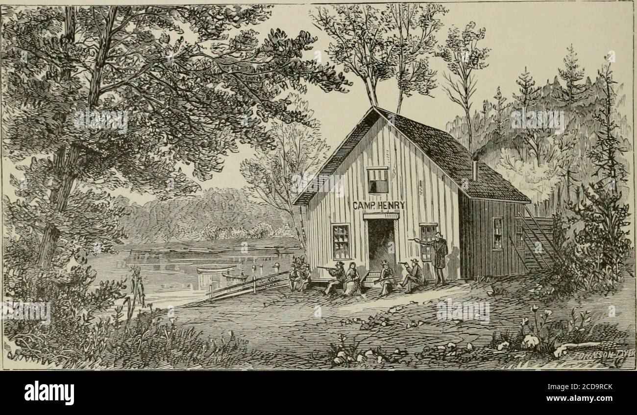 . Through the wilds; a record of sport and adventure in the forests of New Hampshire and Maine . ?IHL MEETING OF 1 HE WATERS 214 THROUGH THE WILDS. it its proper name, the only camp at the outlet was a small story-and-a-half building, kept by old Uncle George Soule (as every one calledhim), one of the best guides in the country. It had only accommoda-tions for a dozen people, and everything around the house was in avery primitive state. Below is a picture of the old camp, engravedform a photograph made on my first trip. After the steamer was. CAMP HENRY. placed on Oquossoc Lake, the travel inc Stock Photo