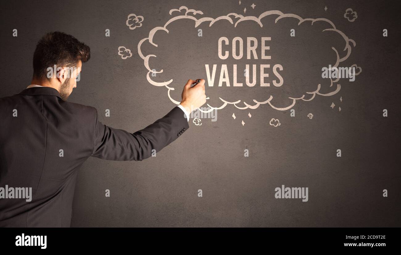 businessman drawing a cloud with CORE VALUES inscription inside, modern ...