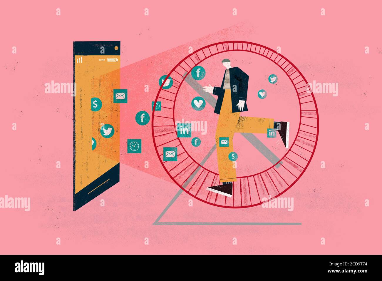 Social networking and smartphone apps addiction concept shows a man running through a hamster wheel due to insane use of new technologies. Stock Photo