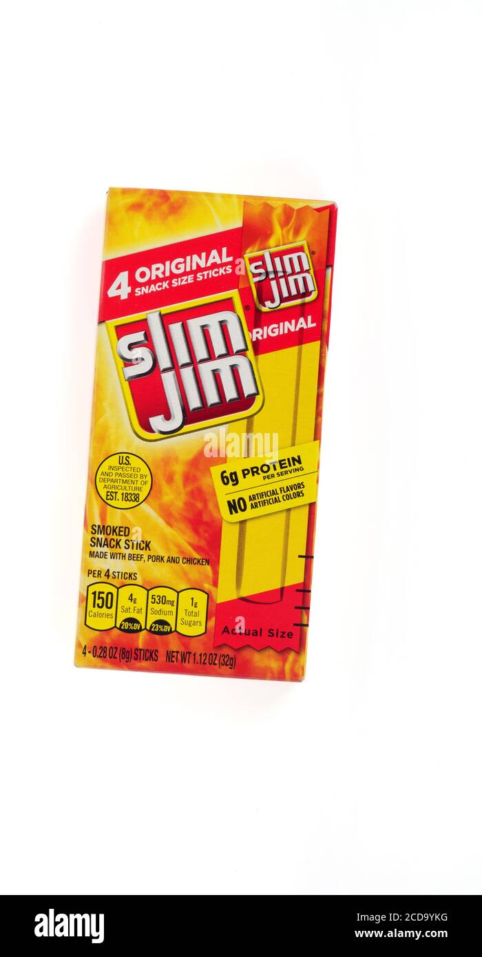 Box of Slim Jim smoked snack sticks beef jerky by ConAgra Stock Photo