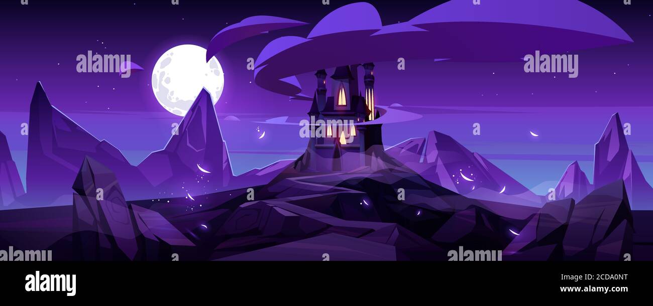Magic castle at night on mountain, fairytale palace with turrets and rocky road under purple sky with full moon and clouds in sky. Fantasy fortress, medieval architecture. Cartoon vector illustration Stock Vector
