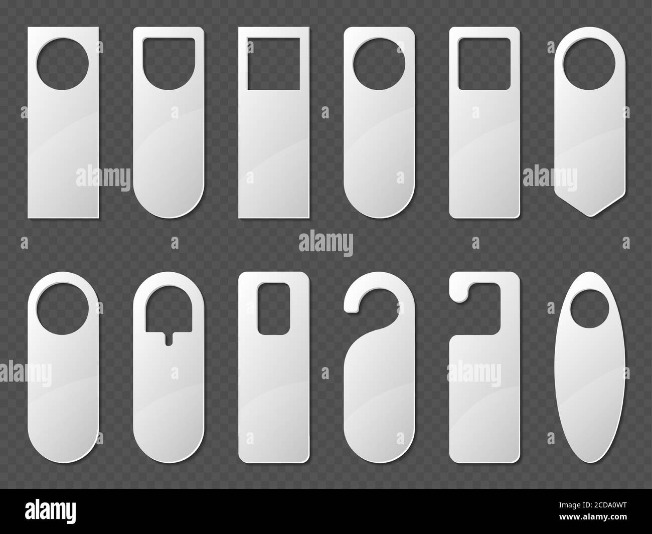 Door hangers mockup set. Blank paper or plastic empty labels of various shapes for hotel doorknob room, dont disturb signs, messages on entrance knobs, Realistic 3d vector illustration, icons, mock up Stock Vector