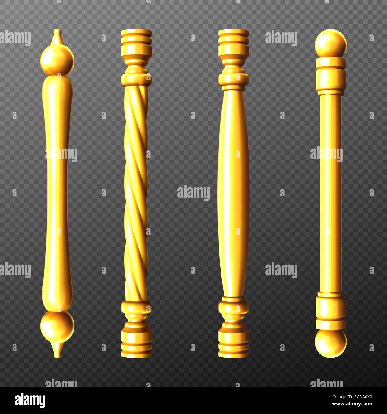 Gold door handles, column and twisted knobs bar shapes isolated on transparent background. Golden doorknob elements for interior design, yellow metal home decor, Realistic 3d vector icons, clipart set Stock Vector