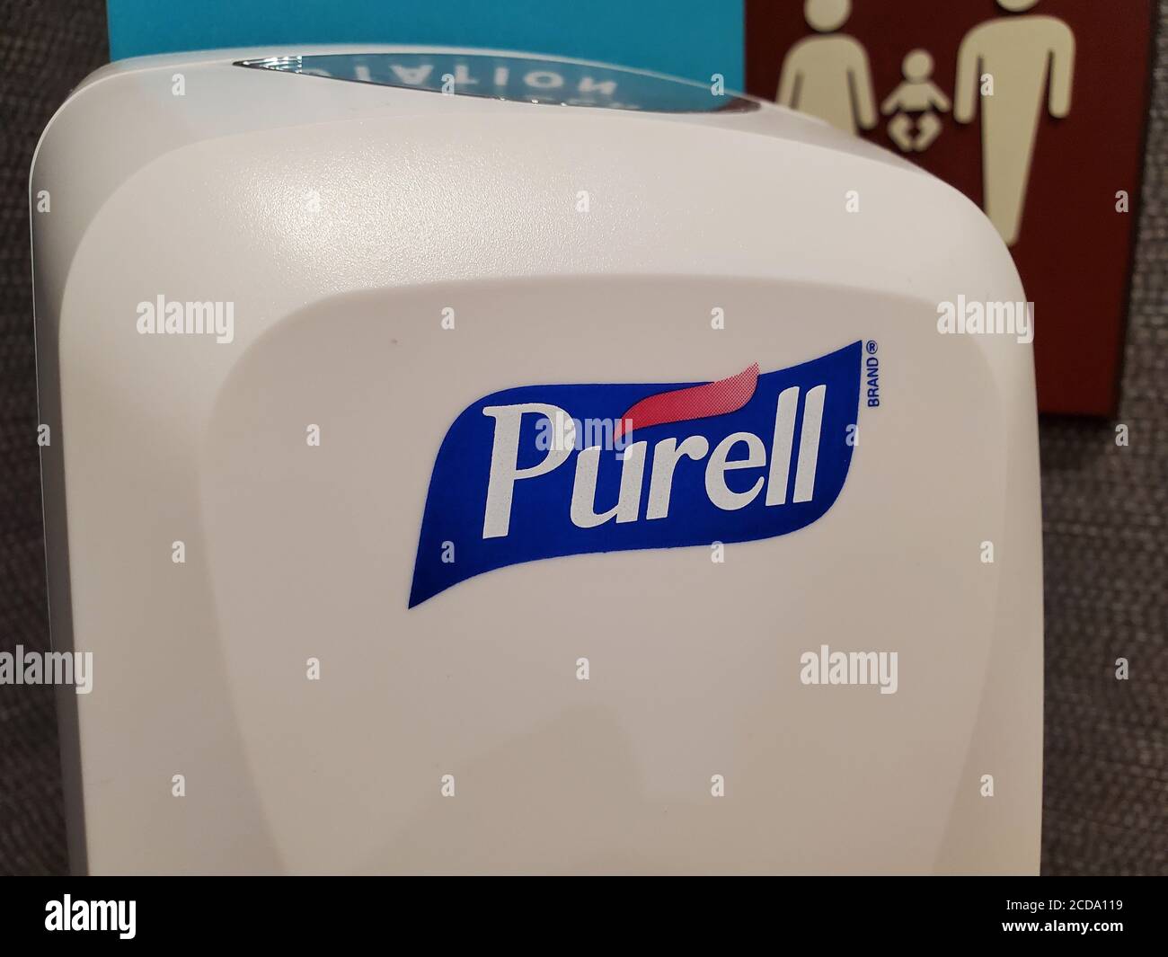 Close-up of Purell brand hand sanitizer dispenser, Concord, California, July 9, 2020. () Stock Photo