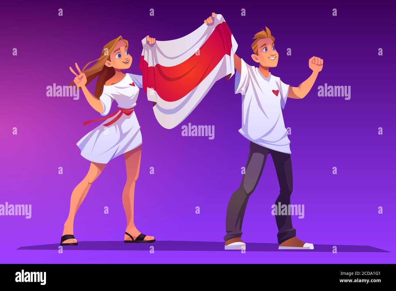 Demonstration for freedom of Belarus with opposition flag. Vector cartoon illustration with people holding white-red-white flag on political rally. Protest from dictatorship, support for human rights Stock Vector