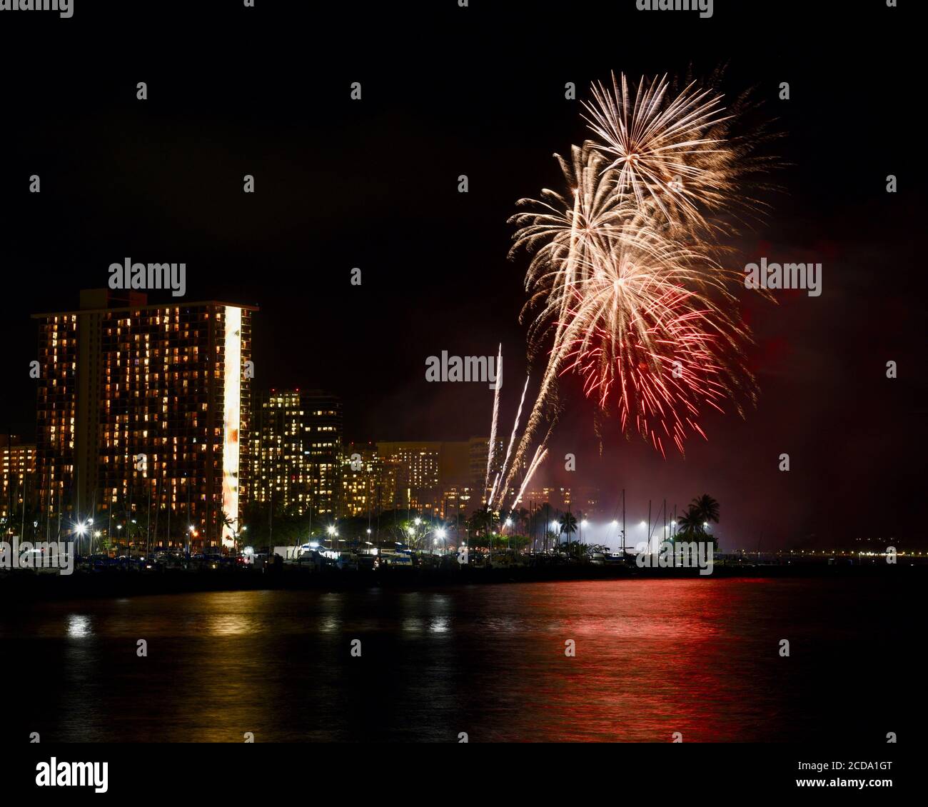 Spectacular firework display hosted by Hilton Waikiki Village on Friday nights, captured at