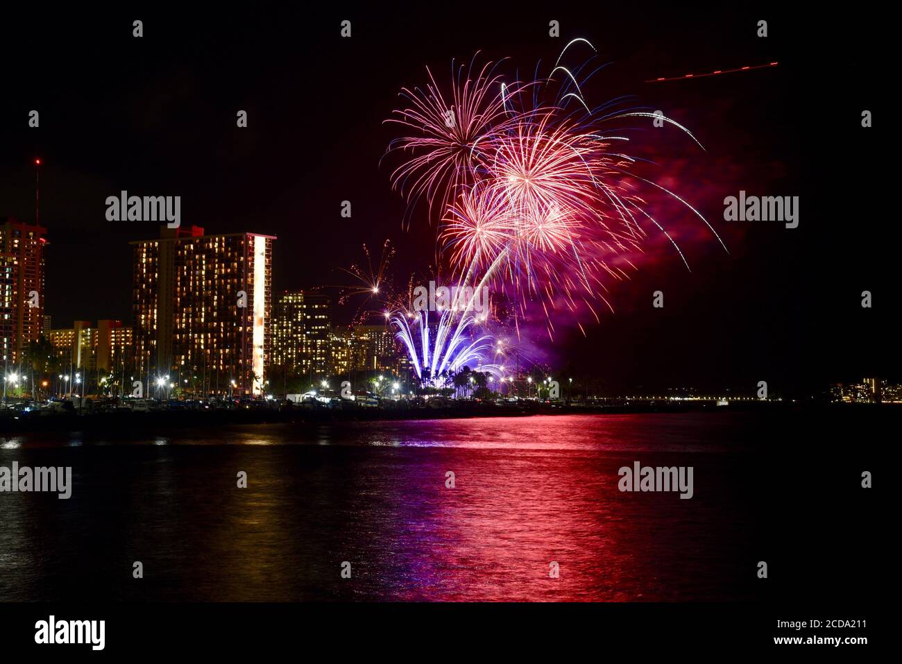 Spectacular firework display hosted by Hilton Waikiki Village on Friday nights, captured at