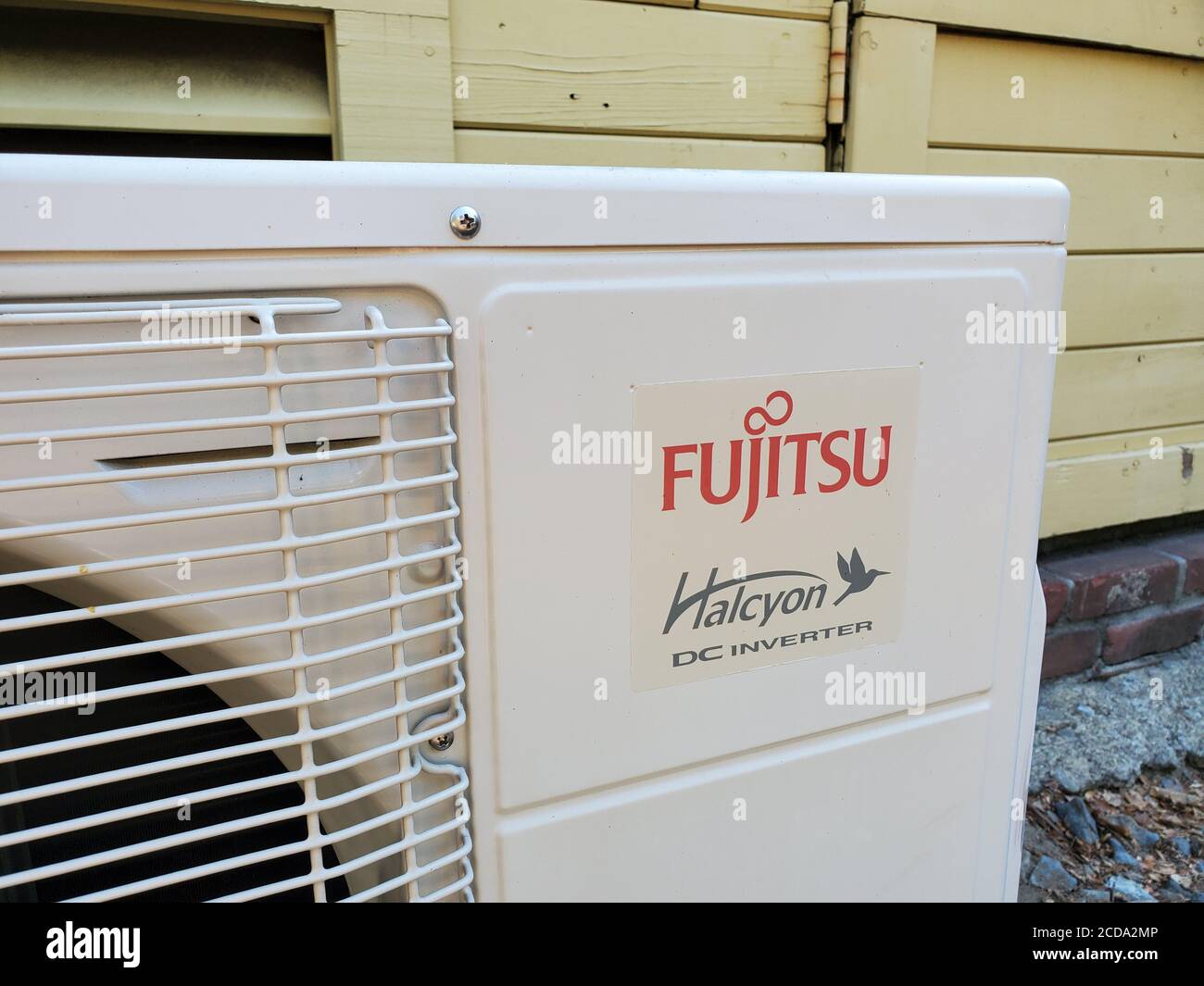Close-up of logo for Fujitsu and Halycon on HVAC equipment, Danville, California, August 10, 2020. () Stock Photo