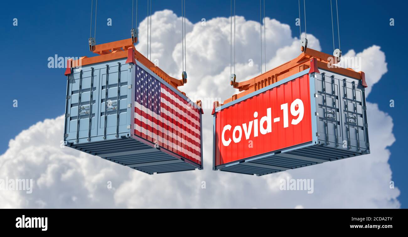 Container with Coronavirus Covid-19 text on the side and container with USA Flag. Concept of international trade spreading the Corona virus. Stock Photo