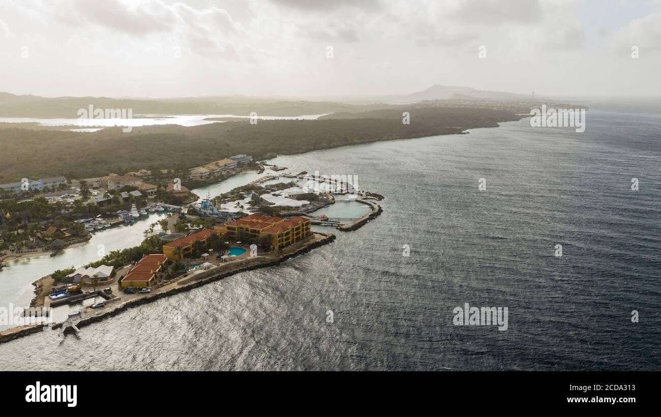 Aerial view of coast of Curaçao in the Caribbean Sea with turquoise