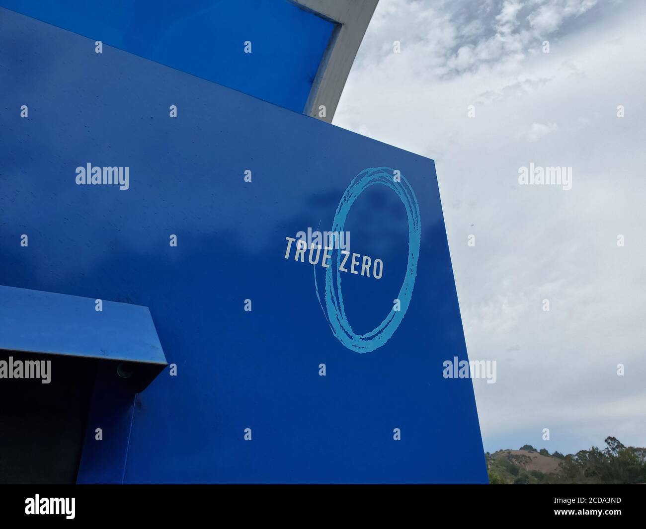 Pump with logos is visible at True Zero hydrogen fuel cell filling