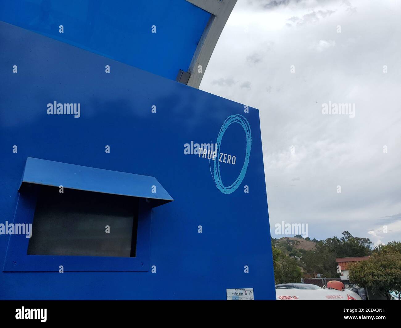 Pump with logos is visible at True Zero hydrogen fuel cell filling