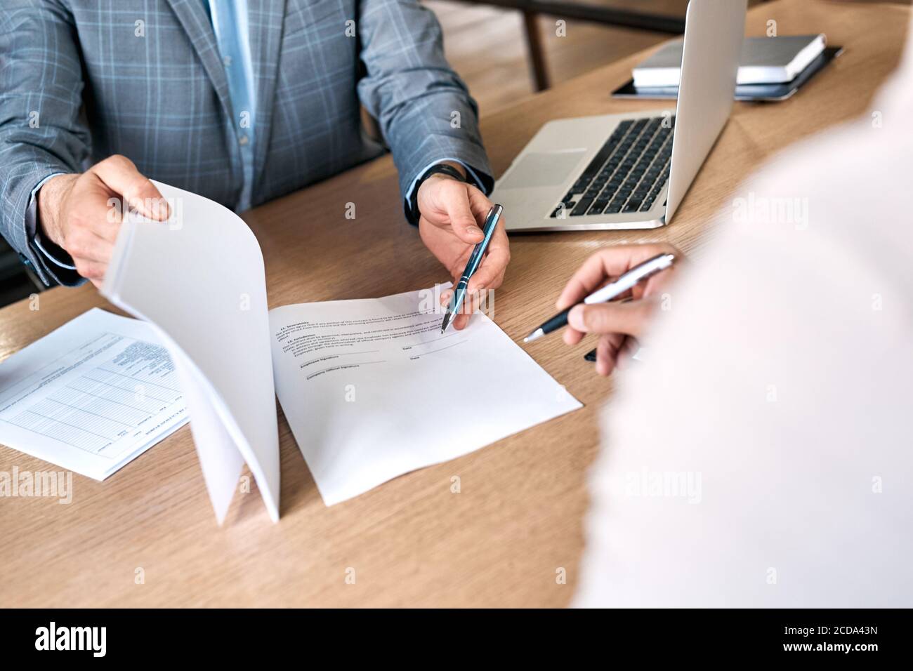 Candidate Sign Contract Recruitment Concept. Manager and job candidate sitting at office ...