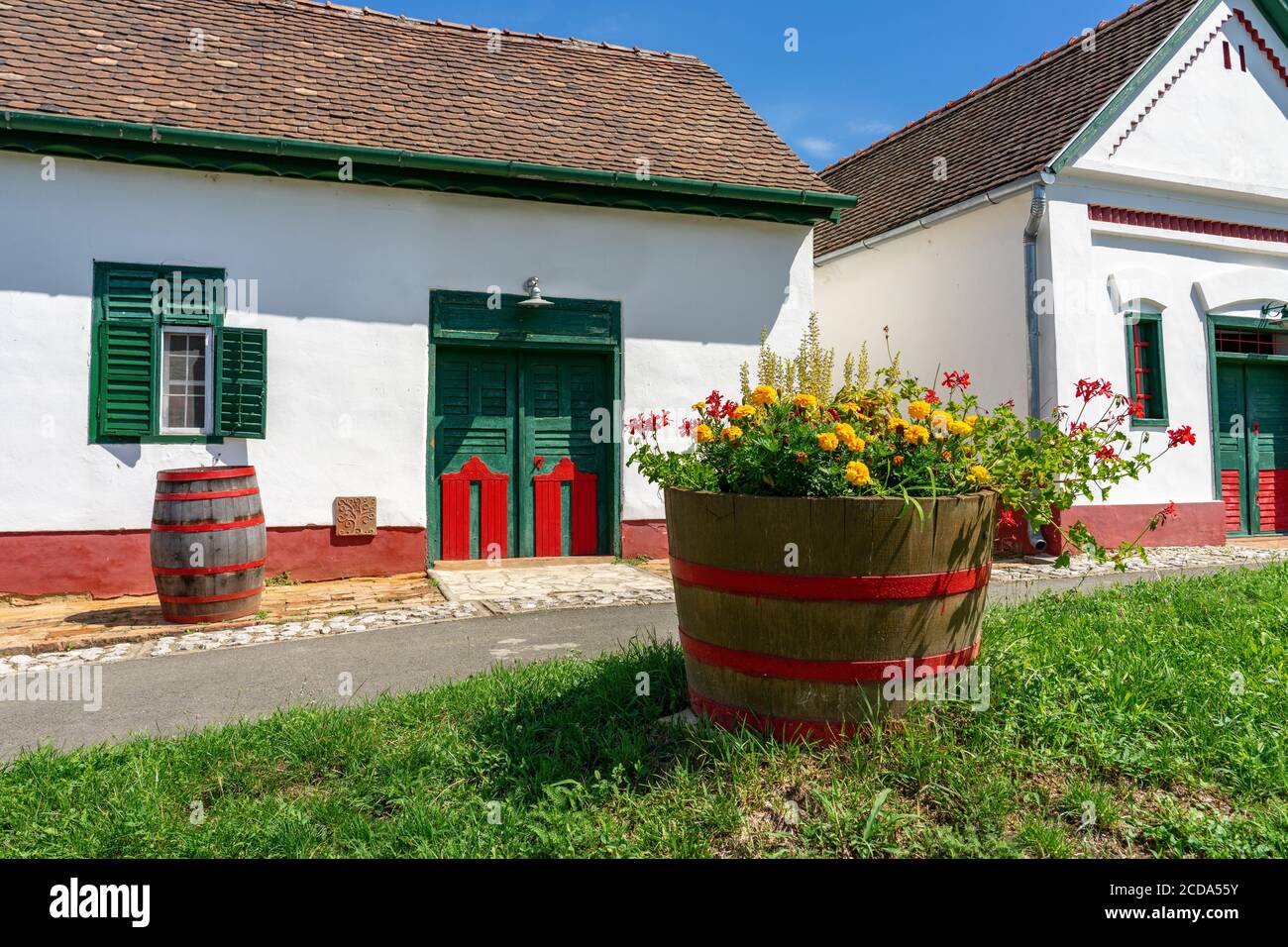 Famous hungarian gastro village Palkonya in Hungary street view with summer flowers Stock Photo