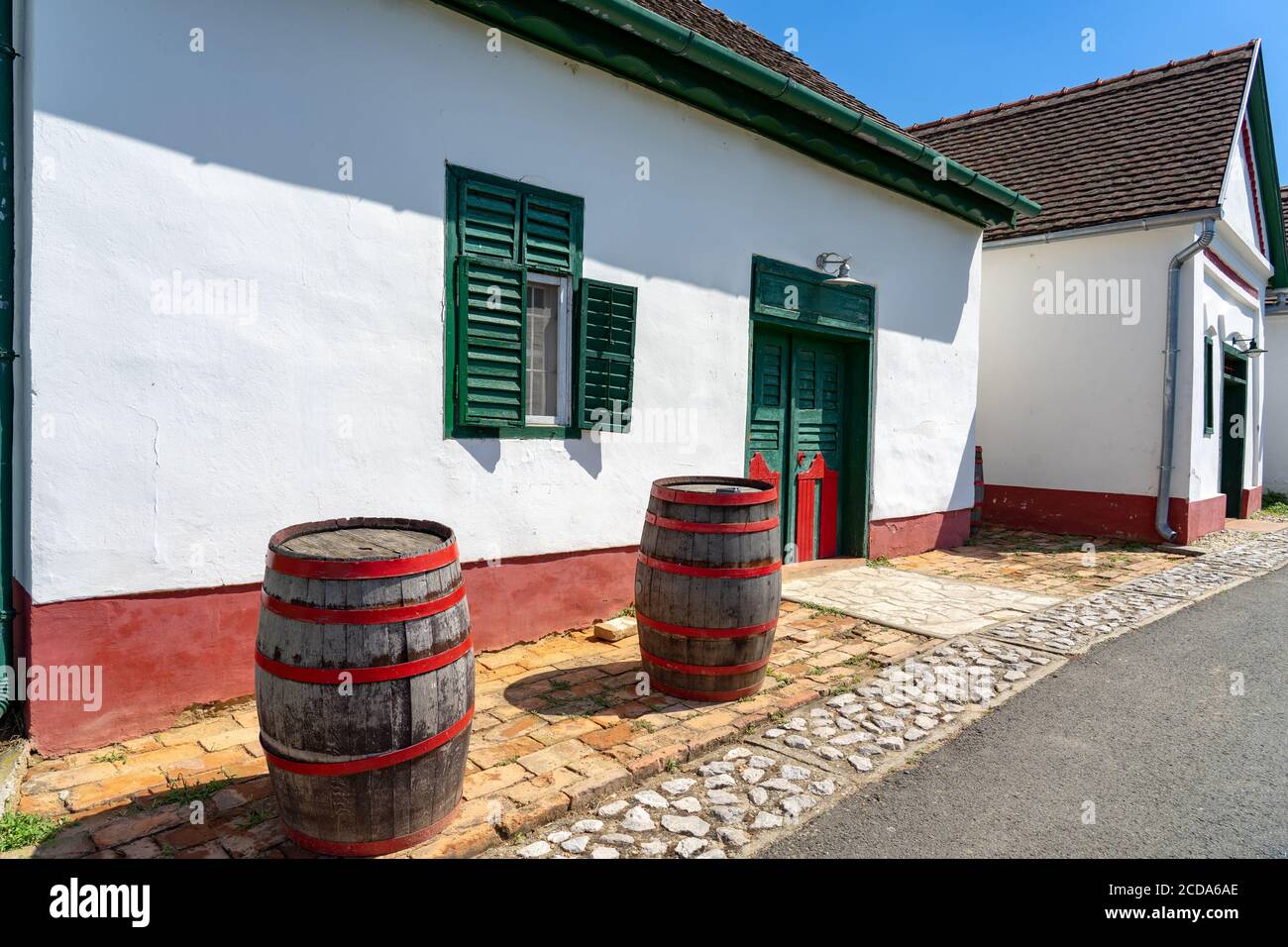 Famous hungarian gastro village Palkonya in Hungary street view with summer flowers Stock Photo