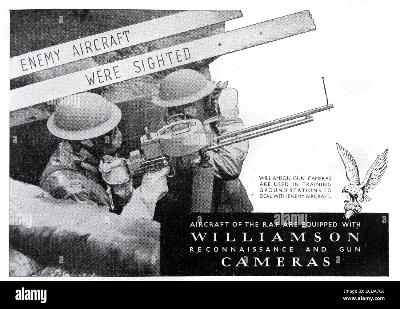 Vintage advert for British Williamson reconnaissance and gun cameras as used by the RAF in World War 2. Stock Photo
